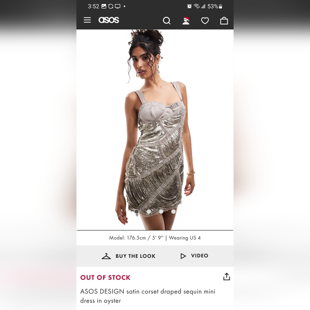 ASOS DESIGN Satin corset draped sequin minidress in oyster -Sz 8